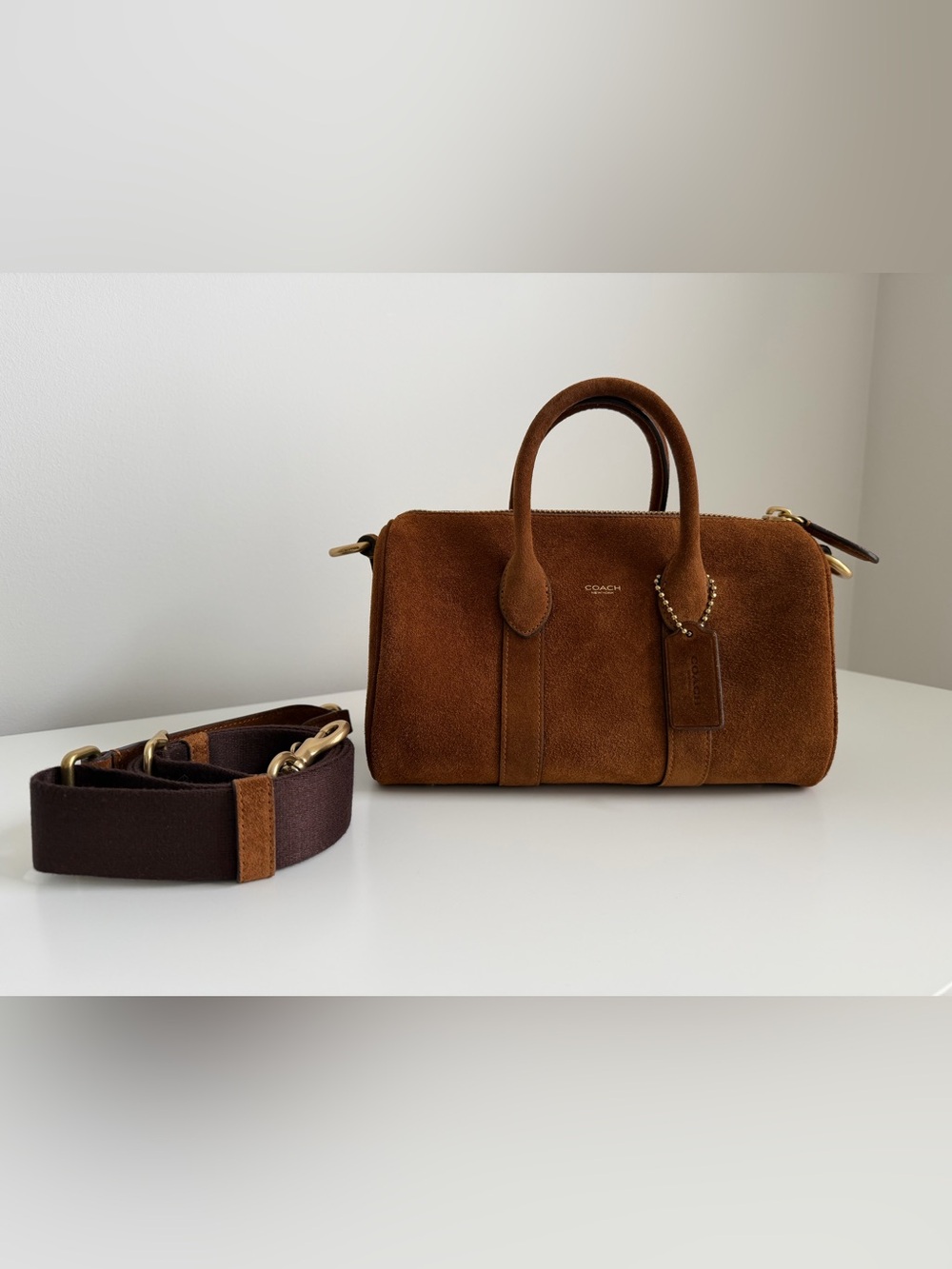 Coach Compass 25 Warm Brown Suede Gold Hardware Boston Duffle Bag